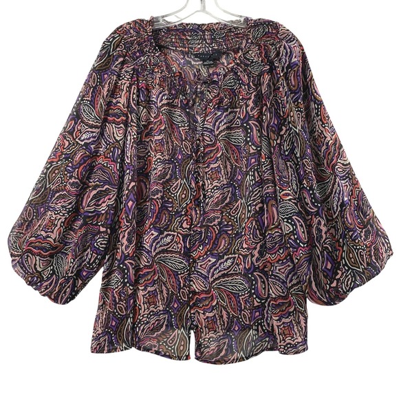 Sanctuary Tops - Sanctuary Blouse Women XL Floral Leaf Smocked Neck Balloon Sleeve Boho Sheer Top